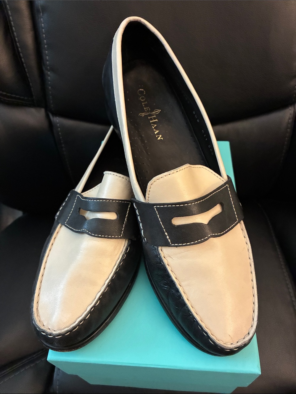 Cole Haan Black and Cream Leather Penny Loafers